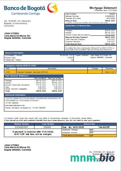 Kolumbia Banco de Bogotá wyciąg z kredytu hipotecznego szablon Word i PDF